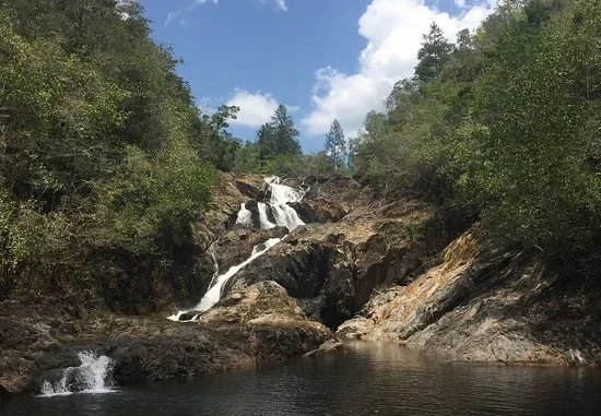 Big Rock Falls cascading into a clear turquoise pool in Mountain Pine Ridge Forest Reserve, Belize