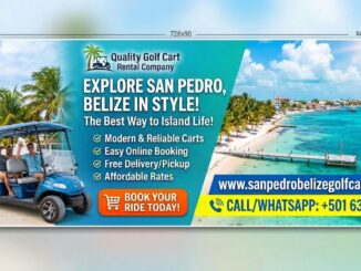 Alt Text: “Banner advertisement for Quality Golf Cart Rental Company in San Pedro, Belize featuring a blue golf cart, tropical beach scenery, turquoise Caribbean water, and palm trees. The banner promotes affordable golf cart rentals on Ambergris Caye with modern carts, free delivery, easy online booking, and contact information for reservations in San Pedro Belize.”
