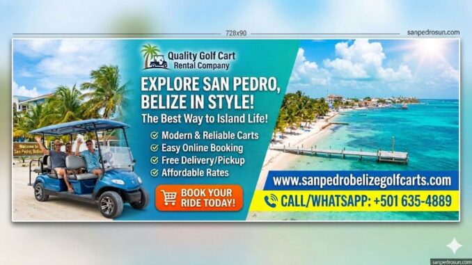 Alt Text: “Banner advertisement for Quality Golf Cart Rental Company in San Pedro, Belize featuring a blue golf cart, tropical beach scenery, turquoise Caribbean water, and palm trees. The banner promotes affordable golf cart rentals on Ambergris Caye with modern carts, free delivery, easy online booking, and contact information for reservations in San Pedro Belize.”