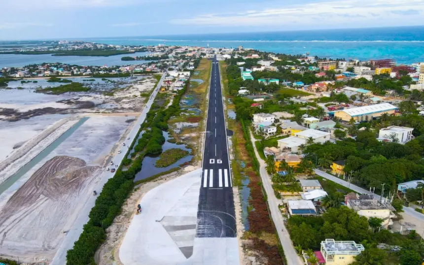 Aerial view of the proposed new airport near Secret Beach in San Pedro, Ambergris Caye, Belize.
